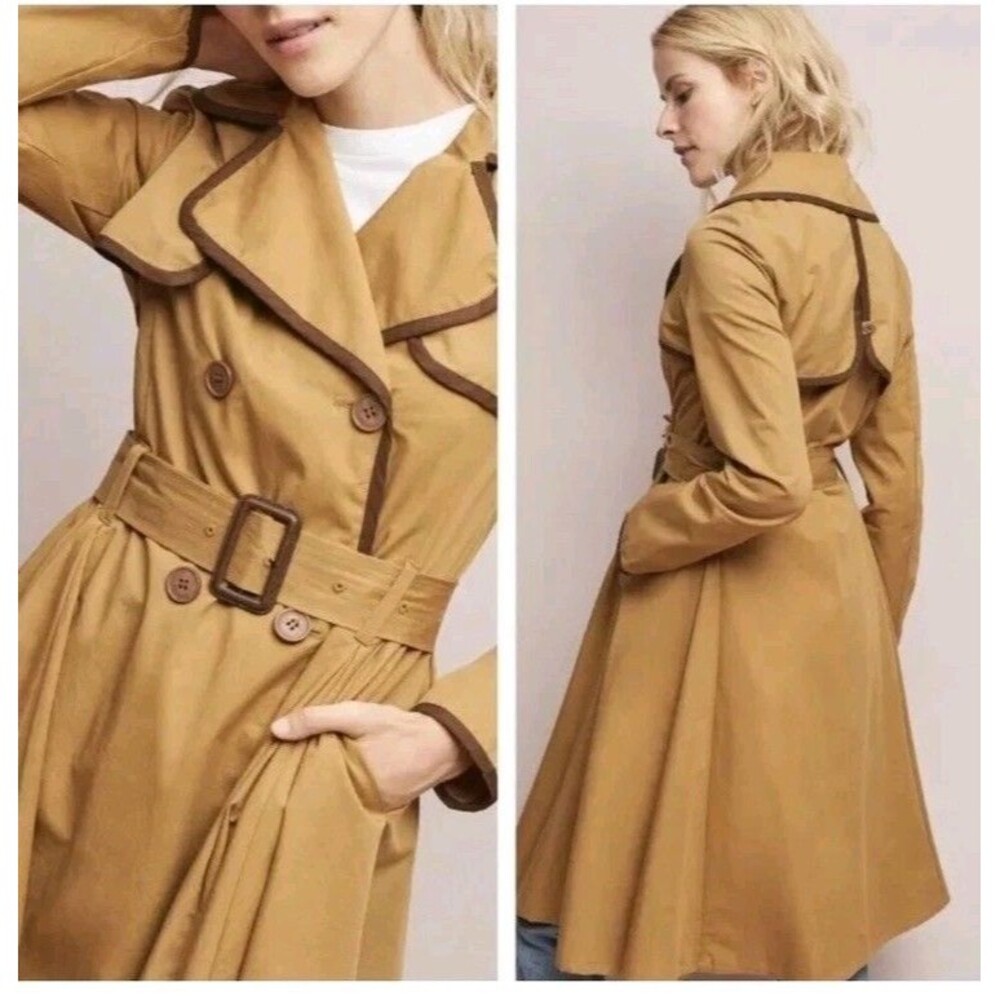 Anthropologie Ett Twa Marley Trench Tan Brown Belted Jacket Coat Size 8
